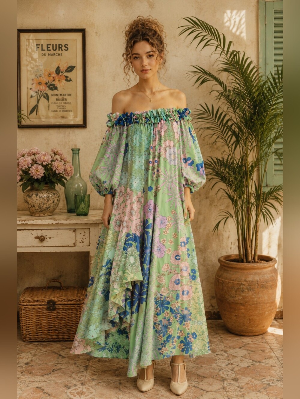 Oopscool Off Shoulder Floral Romantic Boho Maxi Dress Small Resort Cottagecore